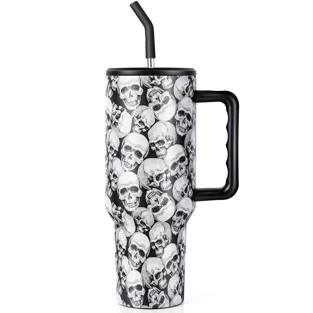 OEUFSEEE Skull Tumbler with Straw and Lid Vacuum Insulated 40oz Stainless Steel Car Cup Gifts for Women Hallo-Ween Present Water Bottle for Home or Travel