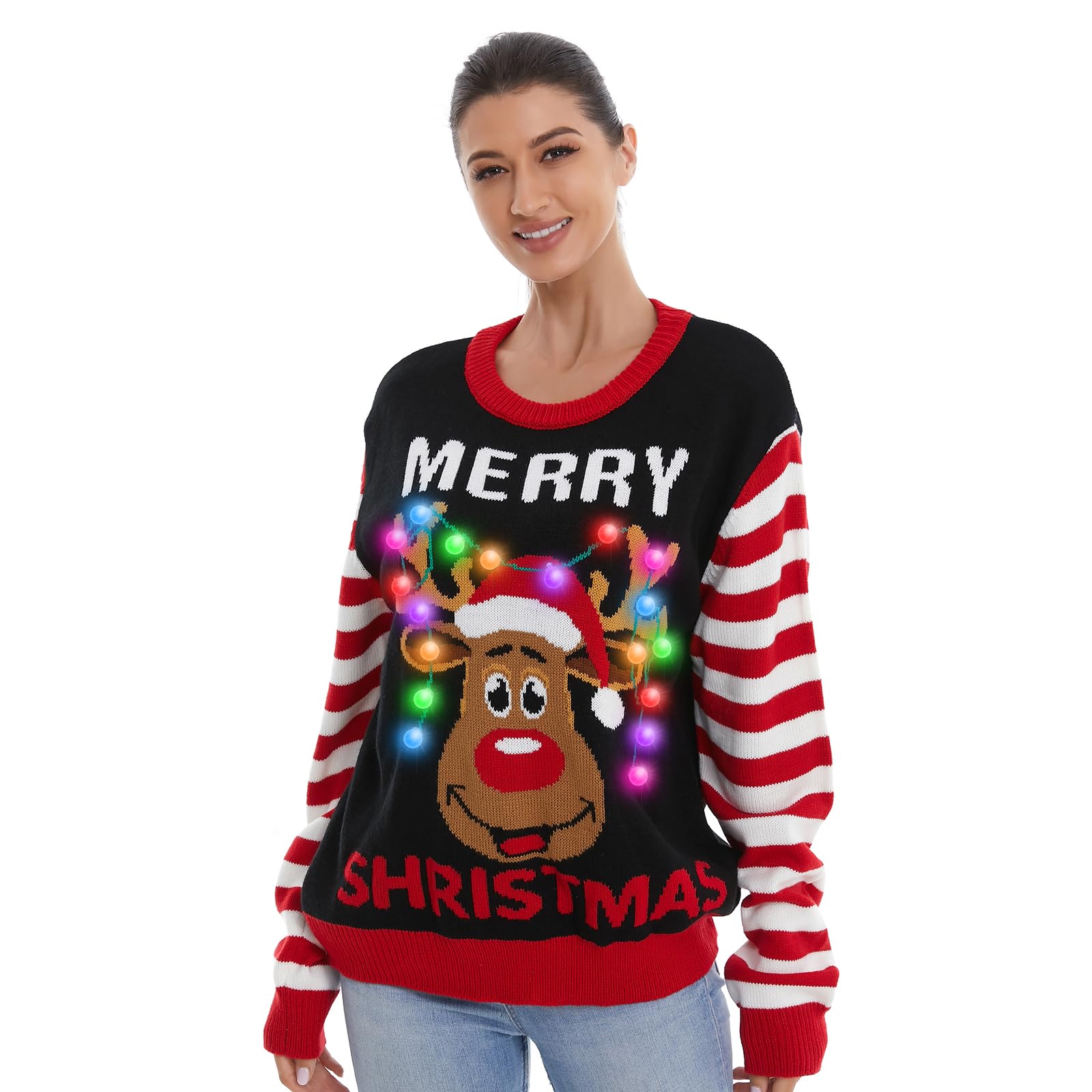 Reindeer Christmas Sweater Light Up Ugly Christmas Pulleover Women Ugly Xmas Deer Sweatshirt Tops Adult Men Teen XL