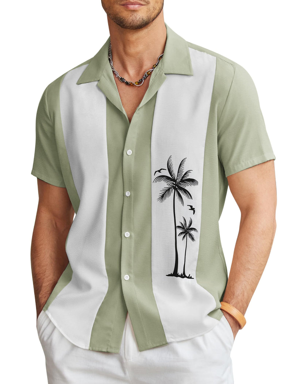 COOFANDY Vintage Mens Bowling Shirts Button Up Vacation Shirts Loose Fit Short Sleeve Shirts