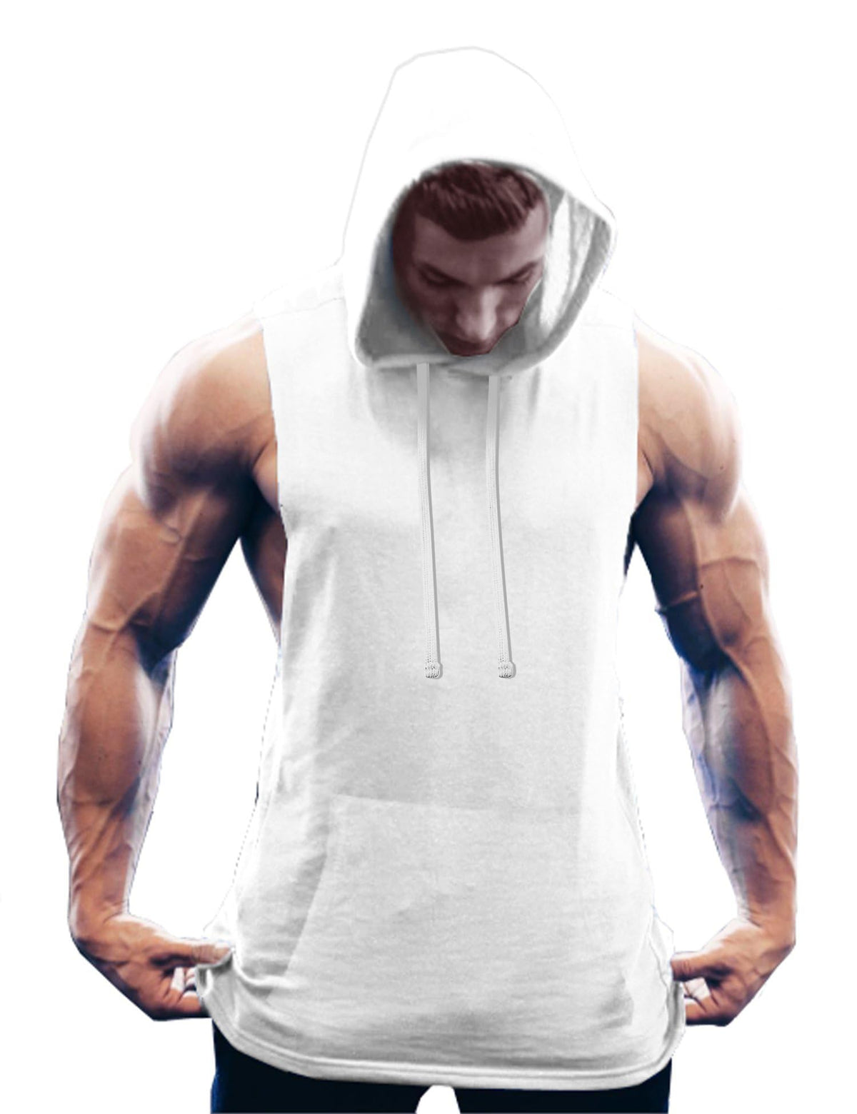 COOFANDY Mens Workout Hooded Tank Tops Bodybuilding Muscle Cut Off T Shirt Sleeveless Gym Hoodies White
