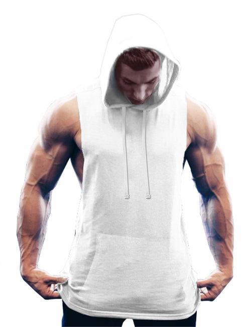 COOFANDY Mens Workout Hooded Tank Tops Bodybuilding Muscle Cut Off T Shirt Sleeveless Gym Hoodies White