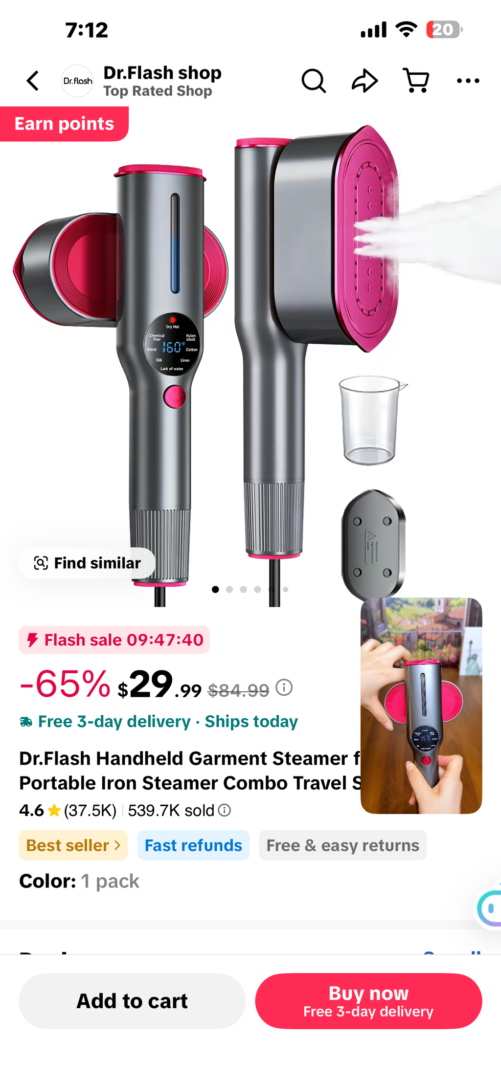 Dr.Flash Handheld Garment Steamer for Clothing - Portable Iron Steamer Combo Travel Steamer